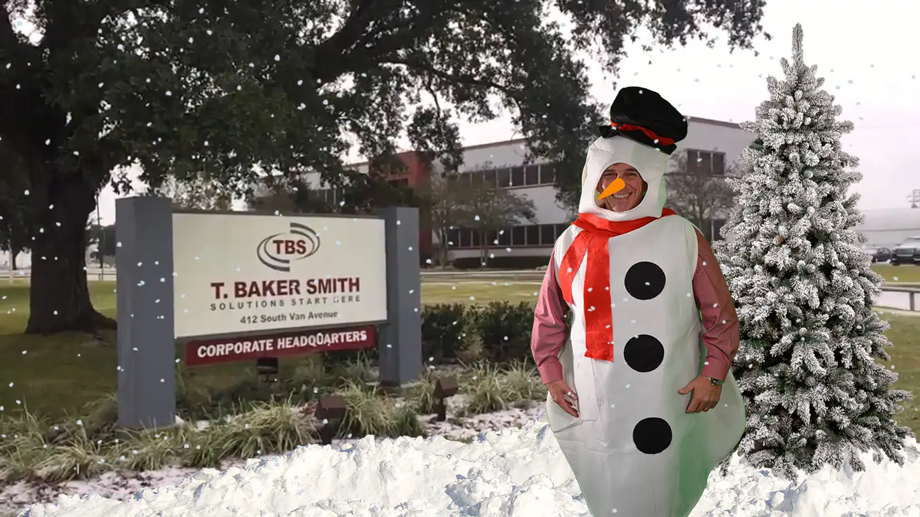 tbs employee in snow man suit